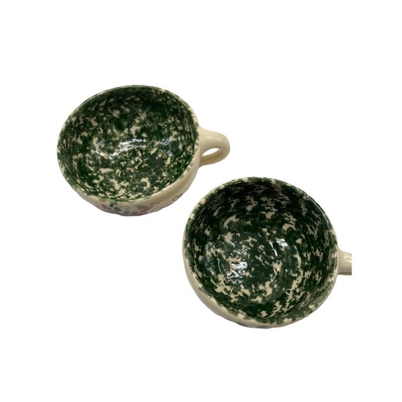 Handmade Art Pottery Soup Bowls Sponge Painted Floral Design Set of 2 - Picture 5 of 5